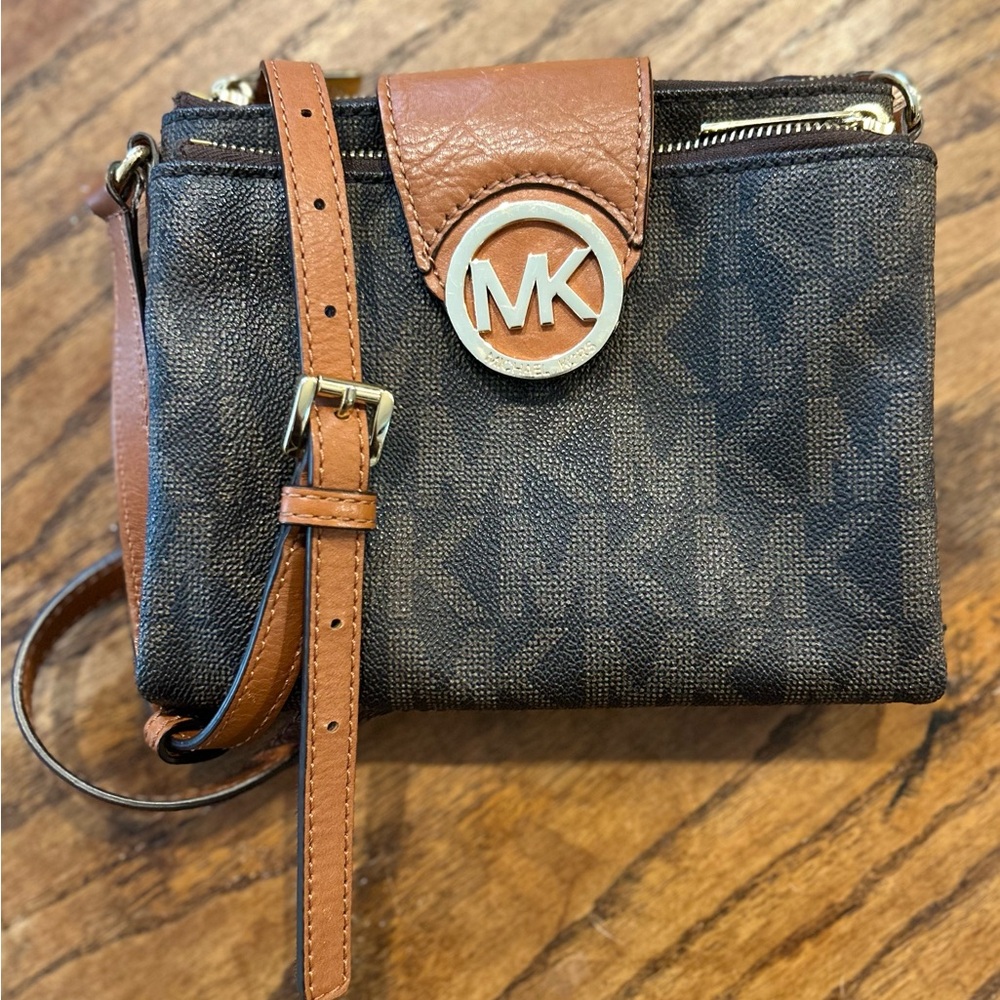 Michael Kors Brown Logo Crossbody Bag with Tan Leather Trim